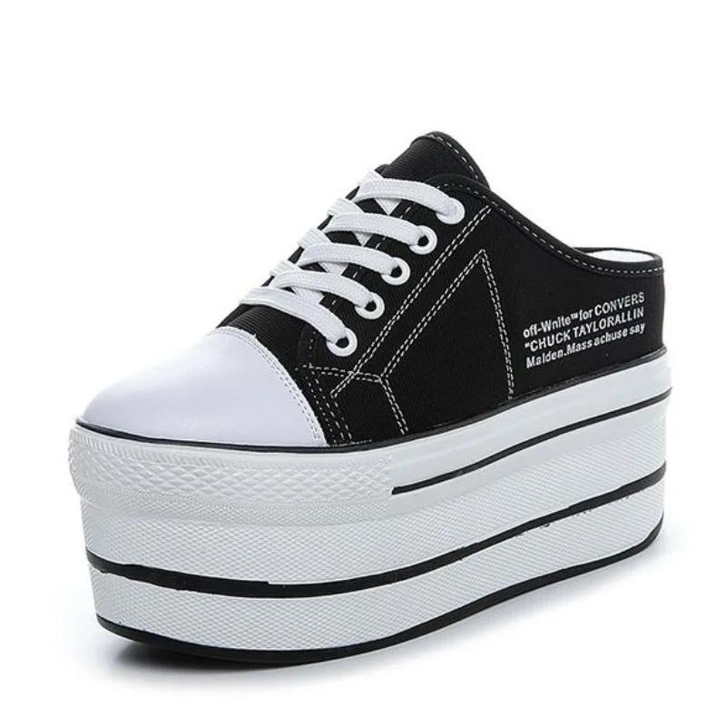 

Мода 11СМ Осень Лето Повседневная Обувь Женская Мода Дышащий Холст Весна Женские Тапочки Круглый Носок Шнуровка Платформа Женская Обувь 39 чёрный