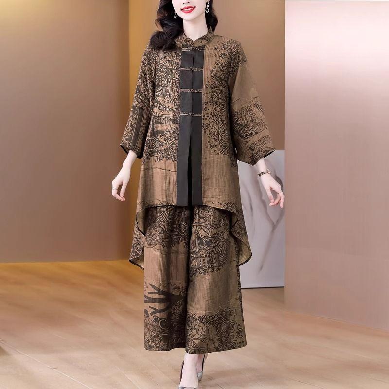 Lady's Spring 2025 Plus Size Retro Two-Piece: Irregular Top & Wide-Leg Pants Set