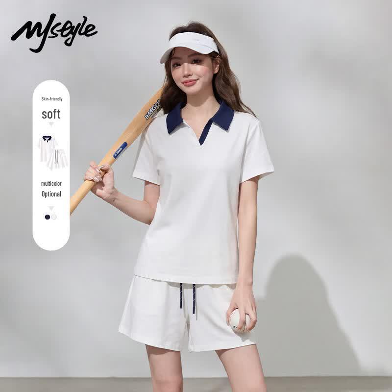 MJ STYLE Color-block Polo T-shirt & Shorts Set
