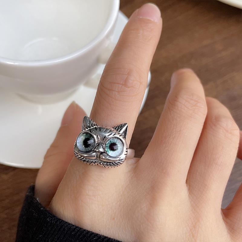 Cute Retro Thai Silver Cat Rings Fashion Cat Owl Eye Opening Adjustable Ring for Women Men Trendy Statement  Accessories