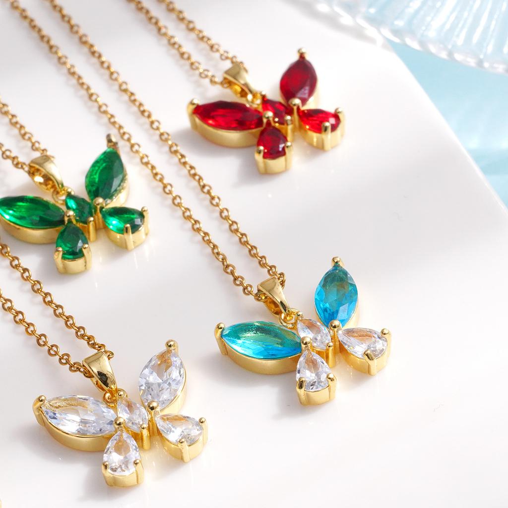 Sweet Colorful Zircon Butterfly Pendant Necklace Cute Stainless Steel Chain Jewelry Gifts for Women Teen Girls