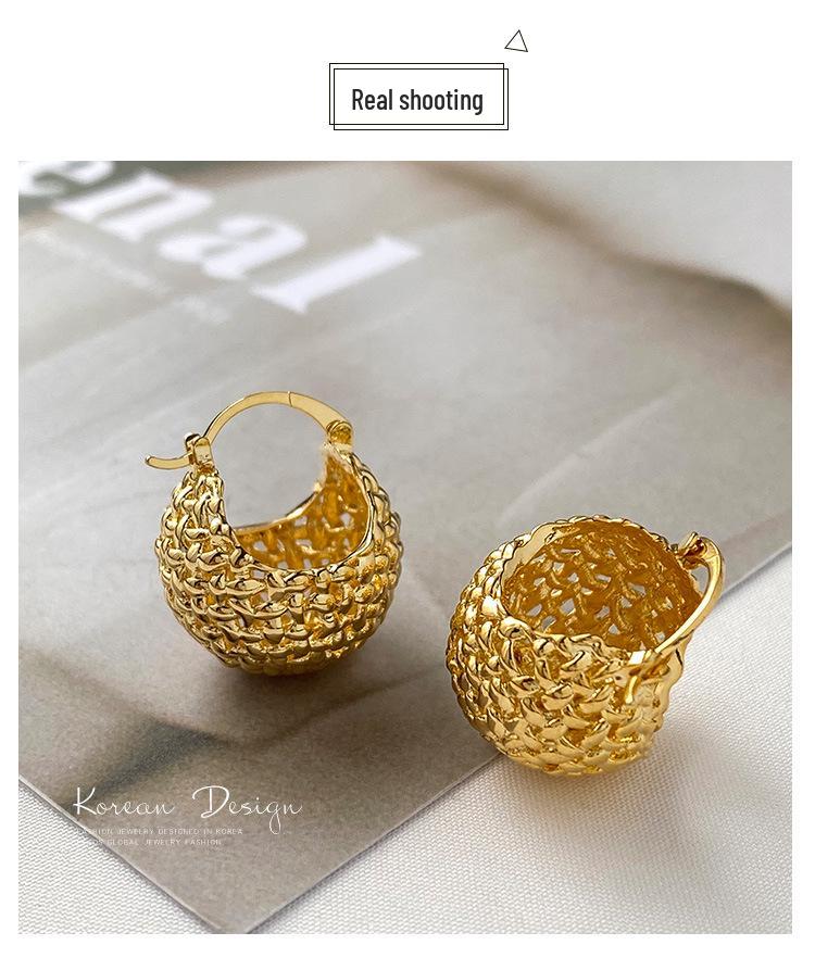 French Retro Korean-Style Heart & Ball Woven Gold-Plated Earrings