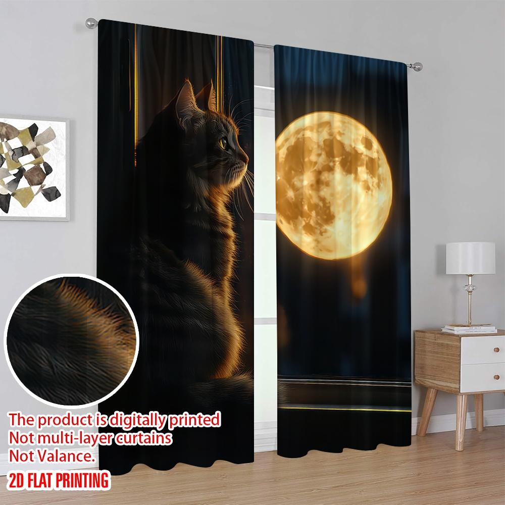 2D Flat Printing 2pcs Curtains Cat and Moon Light Filter Party Decorations for Indoor Celebrations   Room   Multipurpose Event