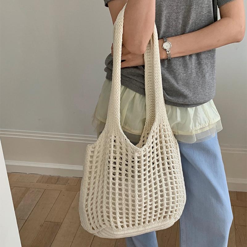 Women Crochet Tote Bag Hollow Beach Bag Large Capacity Fashion Knitted Bag Solid Color Simple Shopping Bag for Travel Vacation