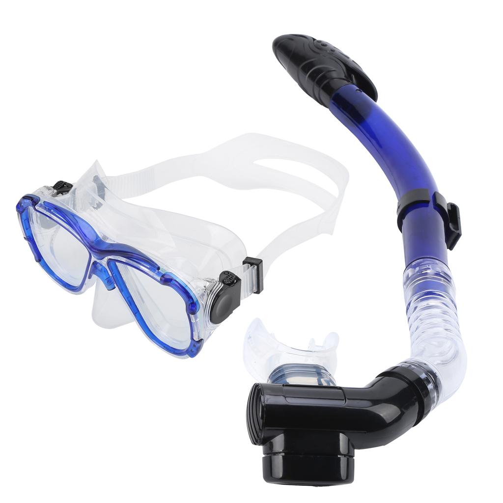 Adults Snorkel Set AntiFog Diving Cover Tempered Glass Goggles with Dry Top Snorkel Tube(Blue )