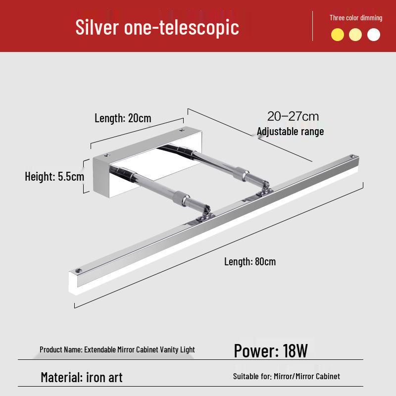 Nordic Minimalist LED Vanity Light, Telescopic Mirror Cabinet, Punch-Free, Three-Color Wall Light for Bathroom
