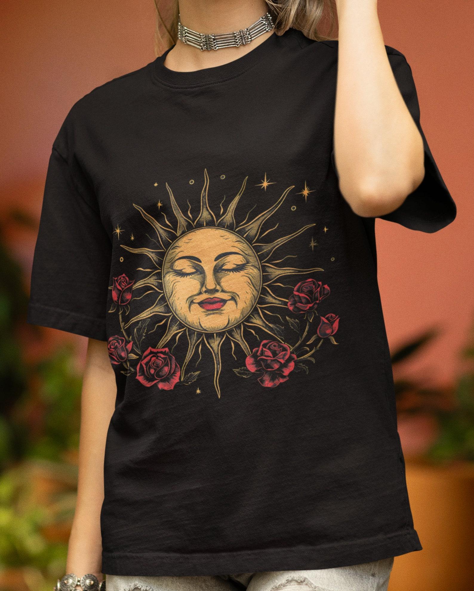 Boho Floral Sun T-Shirt: Art Nouveau Roses, Cosmic Stars L