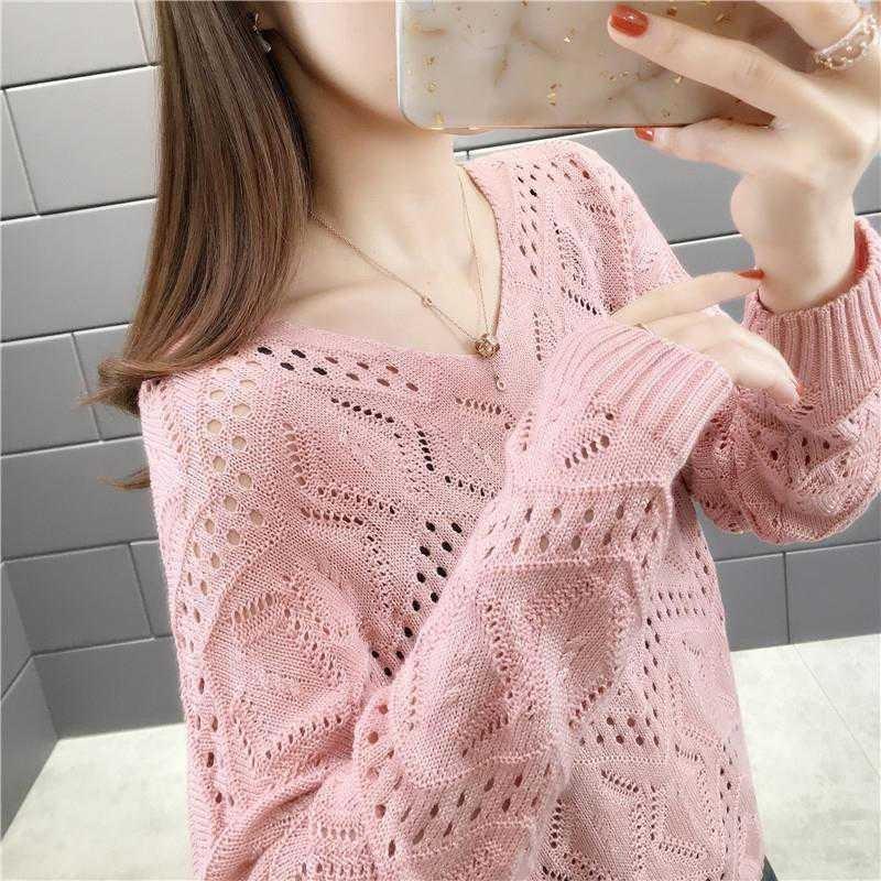 Hollow long-sleeved knitted sweater women's spring and autumn new pullover v-neck top loose outer wear sweater bottoming shirt thin