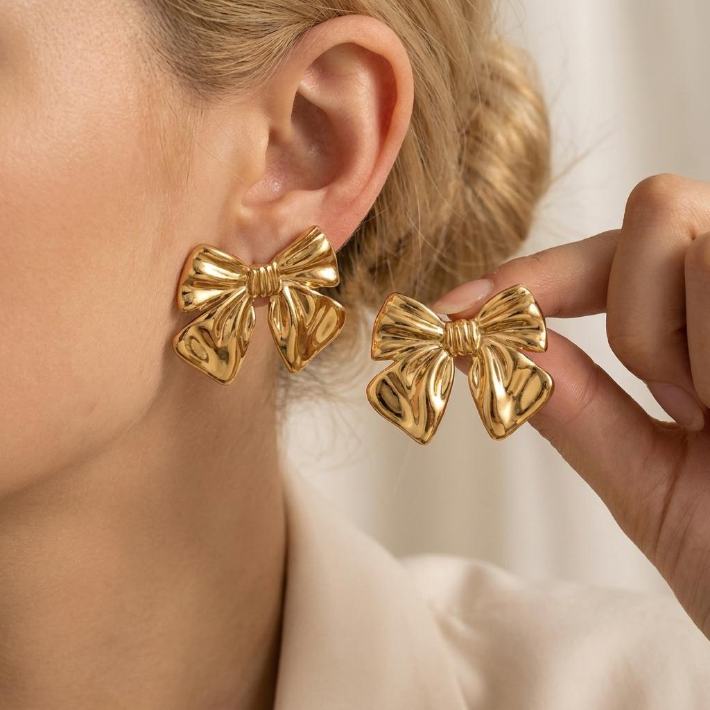 

French Style Ribbon Bow Stainless Steel Stud Earrings for Women Elegant Bowknot Gold Plated Earrings Party Jewelry Gift