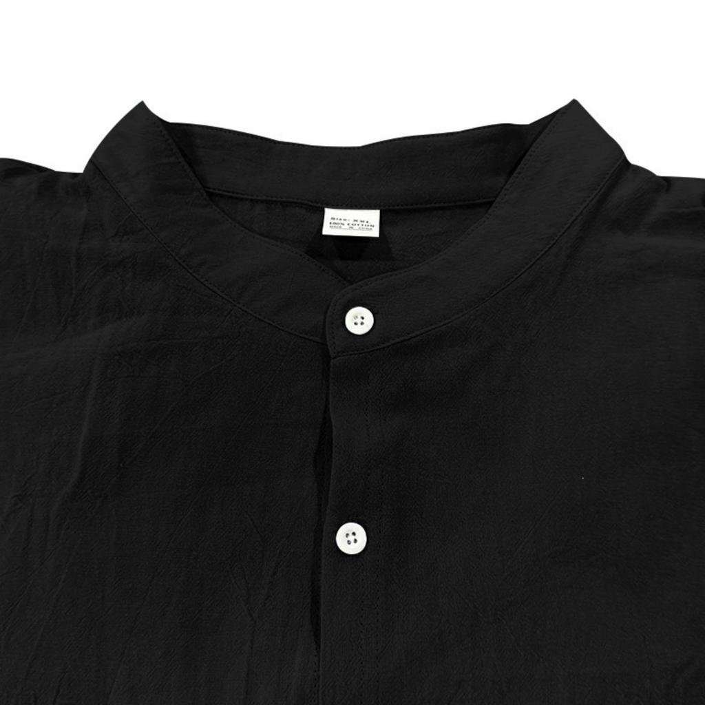 Men's Long Sleeve Linen Shirt Stand Collar Breathable Casual Pocket Shirt Lightweight Summer Top