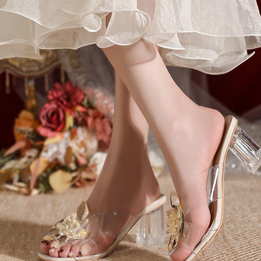 2025 Small Size Thick Heel Transparent Crystal Heel High Heel Sandals Women's Summer Rhinestone One-word Slippers Versatile with Skirt Slippers