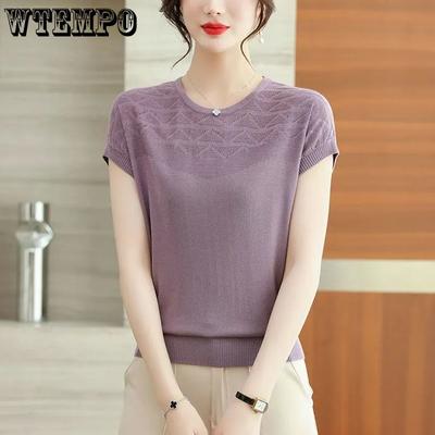 Sommer Hohl Eis Seide Gestricktes T-Shirt für Damen Locker Rundhals Unterteil Dünnes Top