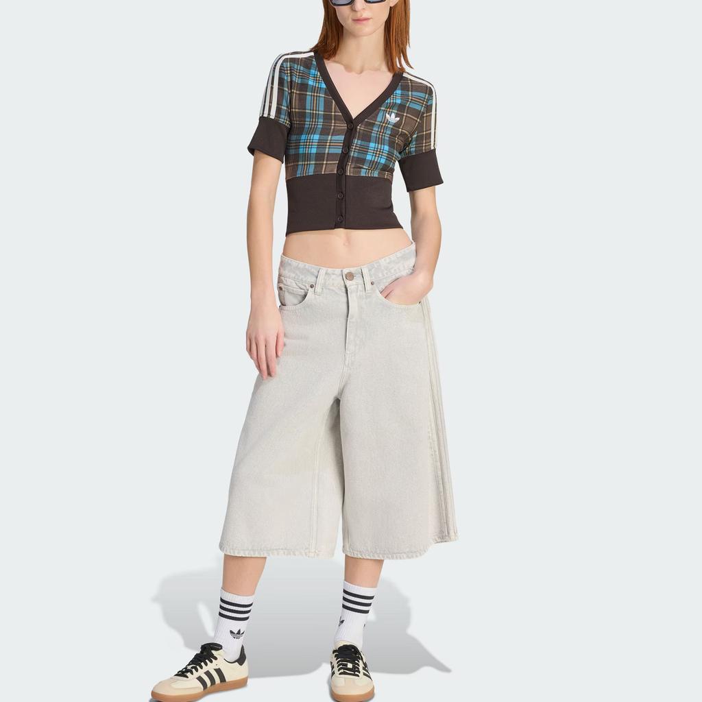 Adidas Originals Checked Shirt With Buttons Three Stripes Plaid Button Sports V-Neck Short Sleeve Shirt Women shirts KW4548