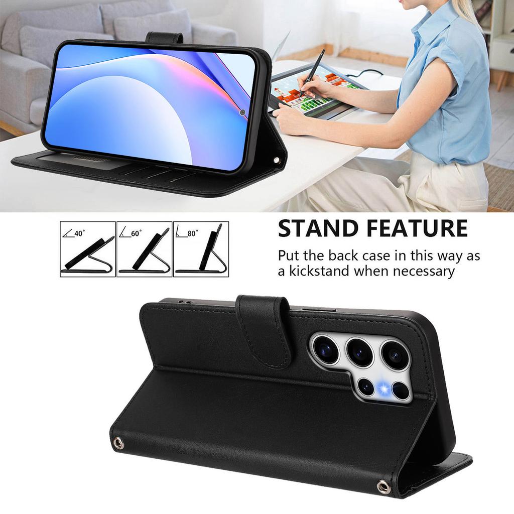 For Samsung Galaxy S25 Ultra Wallet Case RFID Blocking Calf Texture Leather Stand Phone Cover with Strap
