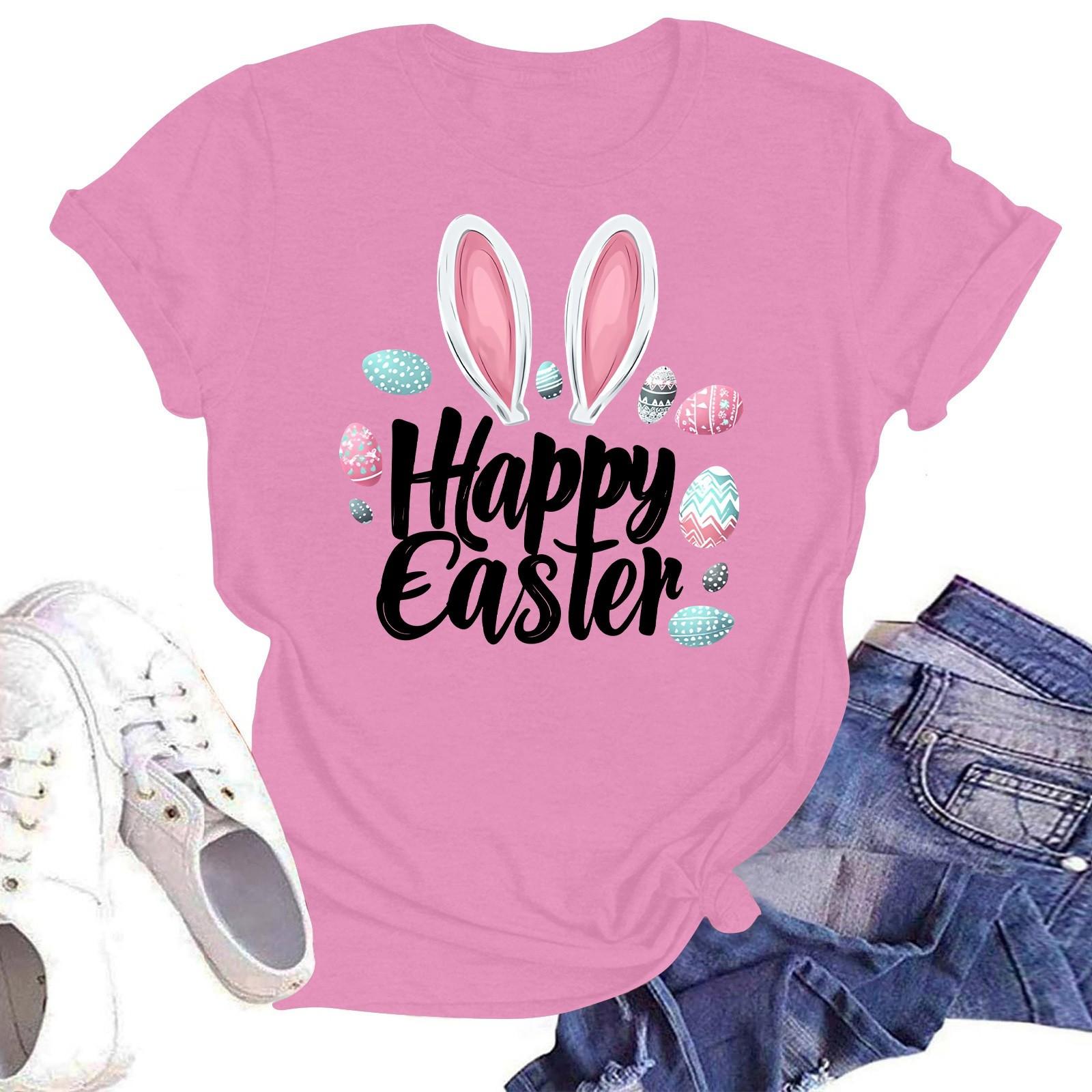 

Счастливой Пасхи женская мода принтованный круглый вырез короткий рукав футболка пуловер топ XXL розовый