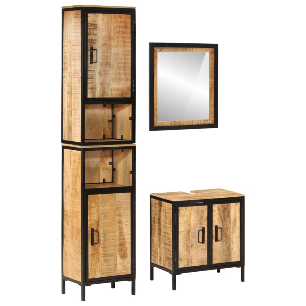 3 Piece Bathroom Furniture Set Iron and Solid Mango Wood