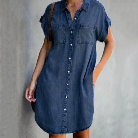 Ladies Dress Button Pocket Short Sleeve Lapel Solid Color Daily Wear Single-breasted Side