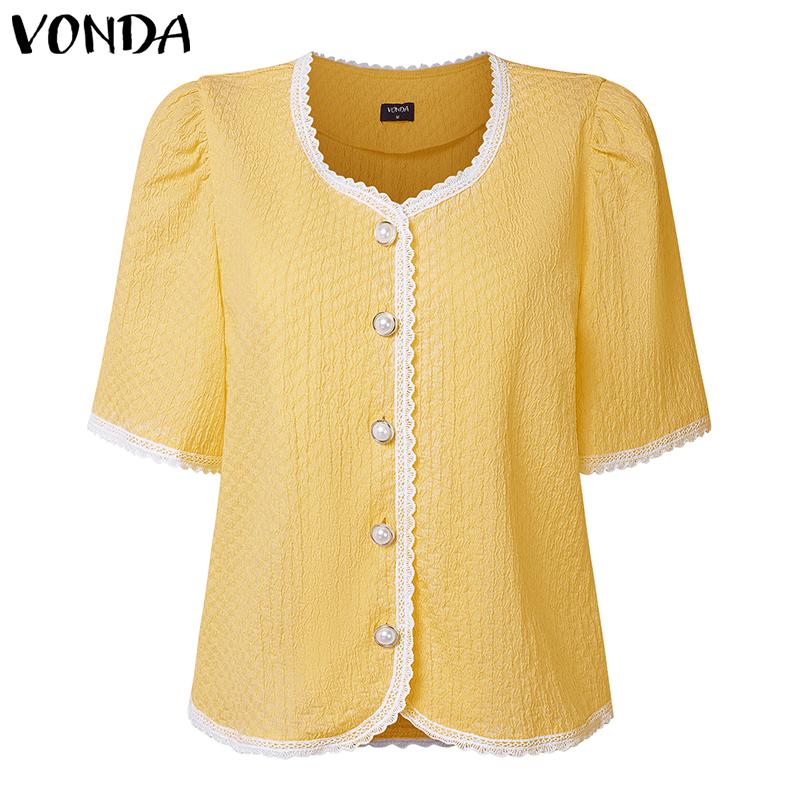 

ZANZEA Women Lapel Short Sleeve Buttons Texture Casual Cropped Blouse 5XL жовтий