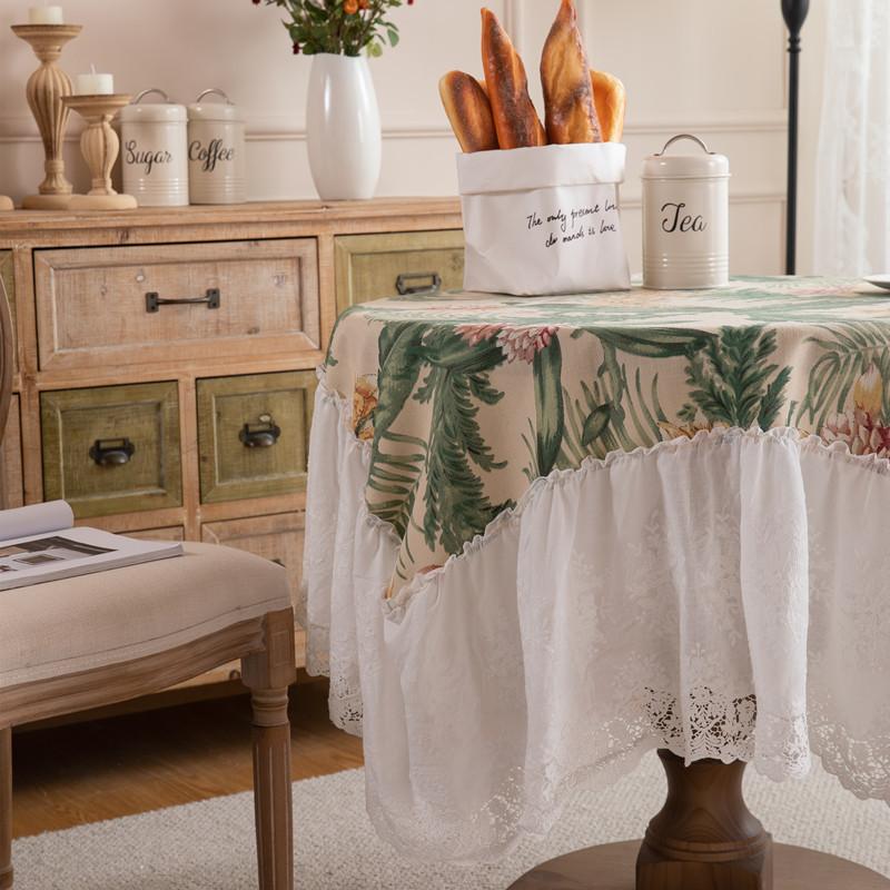 American Pastoral Polyester Printed Lace Skirt Pleated Lotus Leaf Fungus Edge Coffee Table Tablecloth Dining Table Cloth Cover Towel