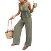 Ensemble 2 pièces élégant : Haut rayé sans manches à encolure en V et Pantalon large taille haute, Tenue décontractée d'été pour les vacances
