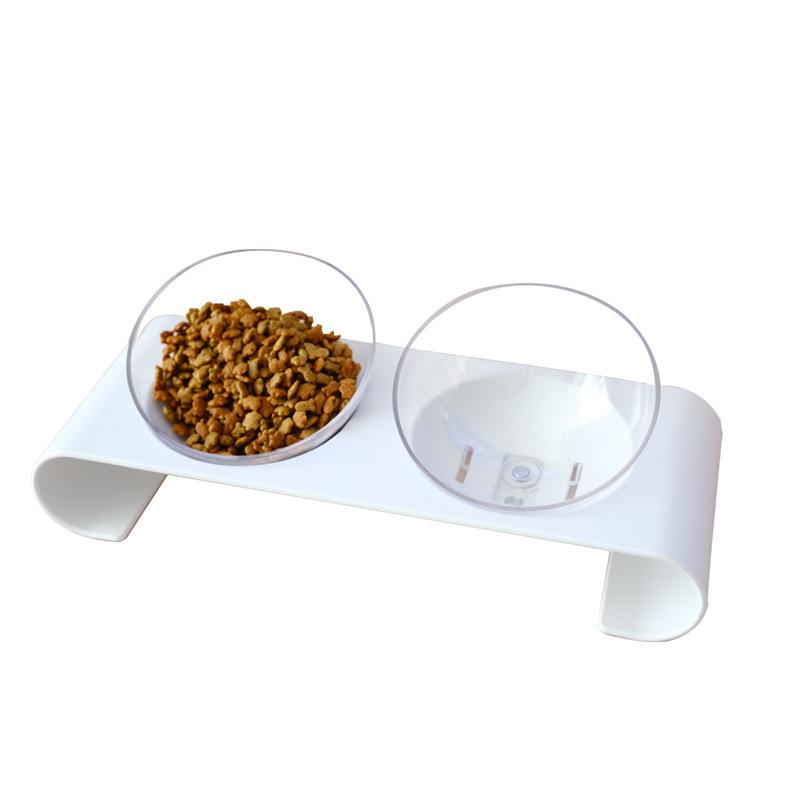 Pet Cat & Dog Transparent Double Bowl - Angled Food & Water Feeder with Neck Protection