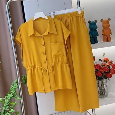 Moda Femenina Conjunto de Manga Corta Mujeres Coreanas Talla Grande 6XL Tops 2 Piezas Verano Damas Ocio Color Sólido Traje de Dos Piezas