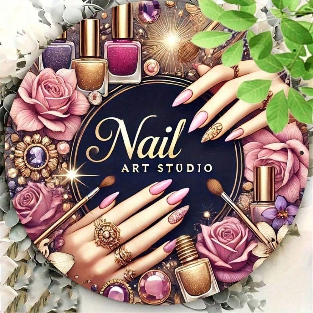 

Round Metal Wall Art, Flowers Makeup Nail Salon Poster, Halloween Gift 20x20 cm