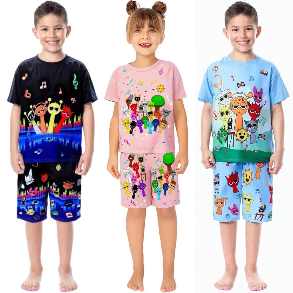 Conjunto de Pijama de Verano con Estampado Sprunki para Niños y Niñas de Algodón Casual Dibujos Animados Traje de Dos Piezas para Estar en Casa para Niños