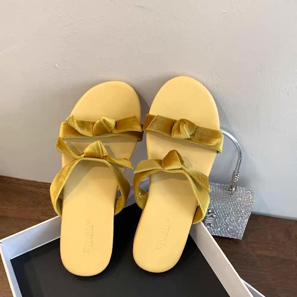 Summer fashion versatile flat bottom word with bow velvet non-slip fairy French new toe girl cool slippers