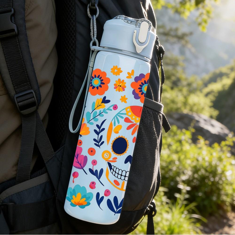 1PC Mexican Floral Skull Art 750ml Color Plastic Sports Water Bottle Leakproof Flip Straw Lid Suitable for Sports Office Home Use
