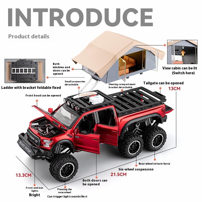 1/24 Ford Raptor Pickup Truck Model, Removable Simulated Alloy RV, Off-road Toy Car with Sound and Light, Boy's Birthday Gift
