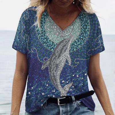 T-shirt d'été à manches courtes et col en V pour femme, imprimé animal marin, décontracté ample, motif dauphin poisson, mode 2025, nouveau t-shirt pour femme