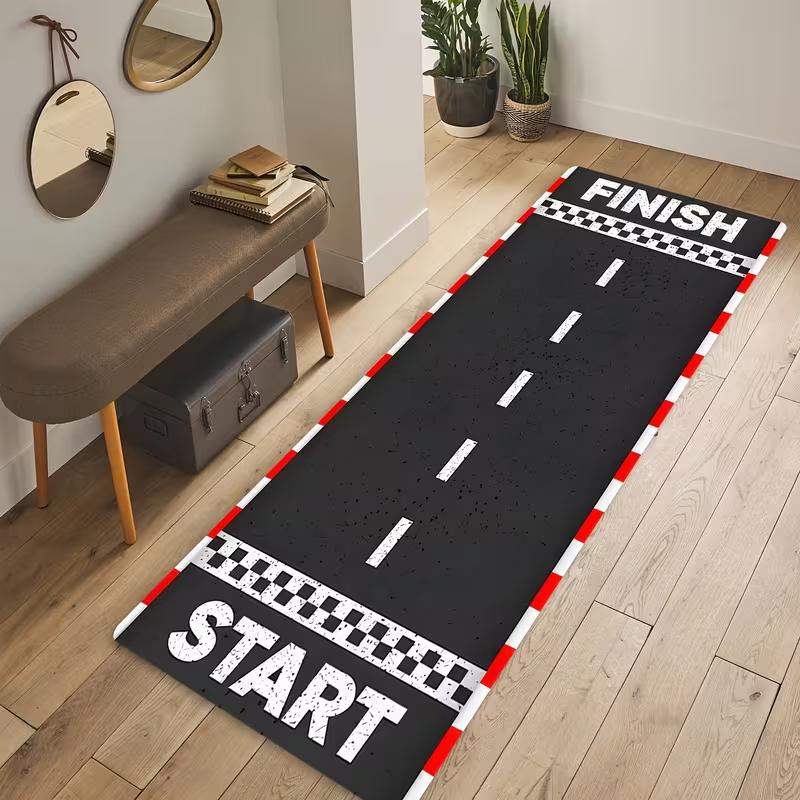 Red White Trim Race Track Start Finish Long Runner Rug Non Slip Hallway Entryway Carpet Wear Resistant Kids Playroom Decor Mat