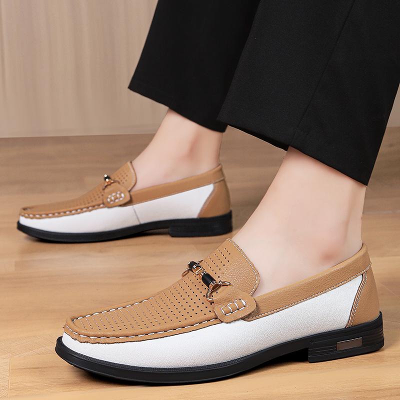 Fashion New Fashionable Men's Brand Design Summer Punching Refreshing Flat Bottomed Handmade Soft Breathable Large Size Leisure Loafers