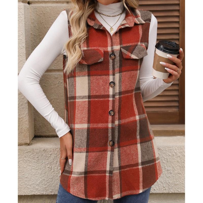 

Модный клетчатый жилет без рукавов кардиган удобный и повседневный свободный жилет женский жилет на пуговицах 2XL оранжевый