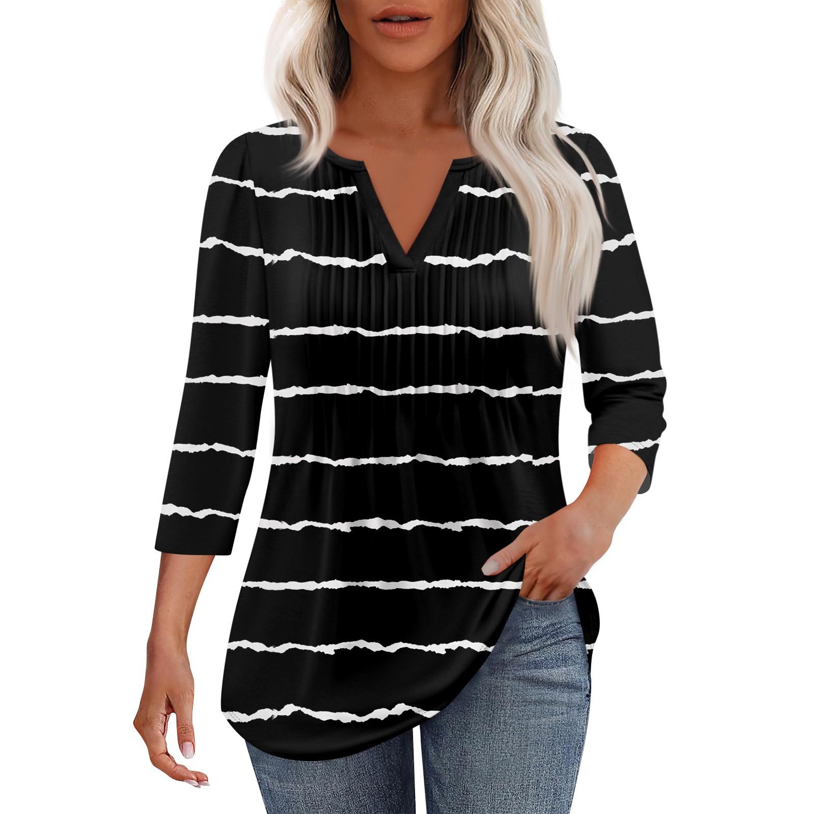 

Женская модная повседневная плиссированная футболка с V-образным вырезом и рукавом семь четвертей L чёрный