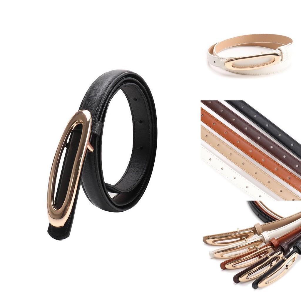 Minimalist Women Leather Belt With Elliptical Flat Buckle For Casual Dress And Jeans