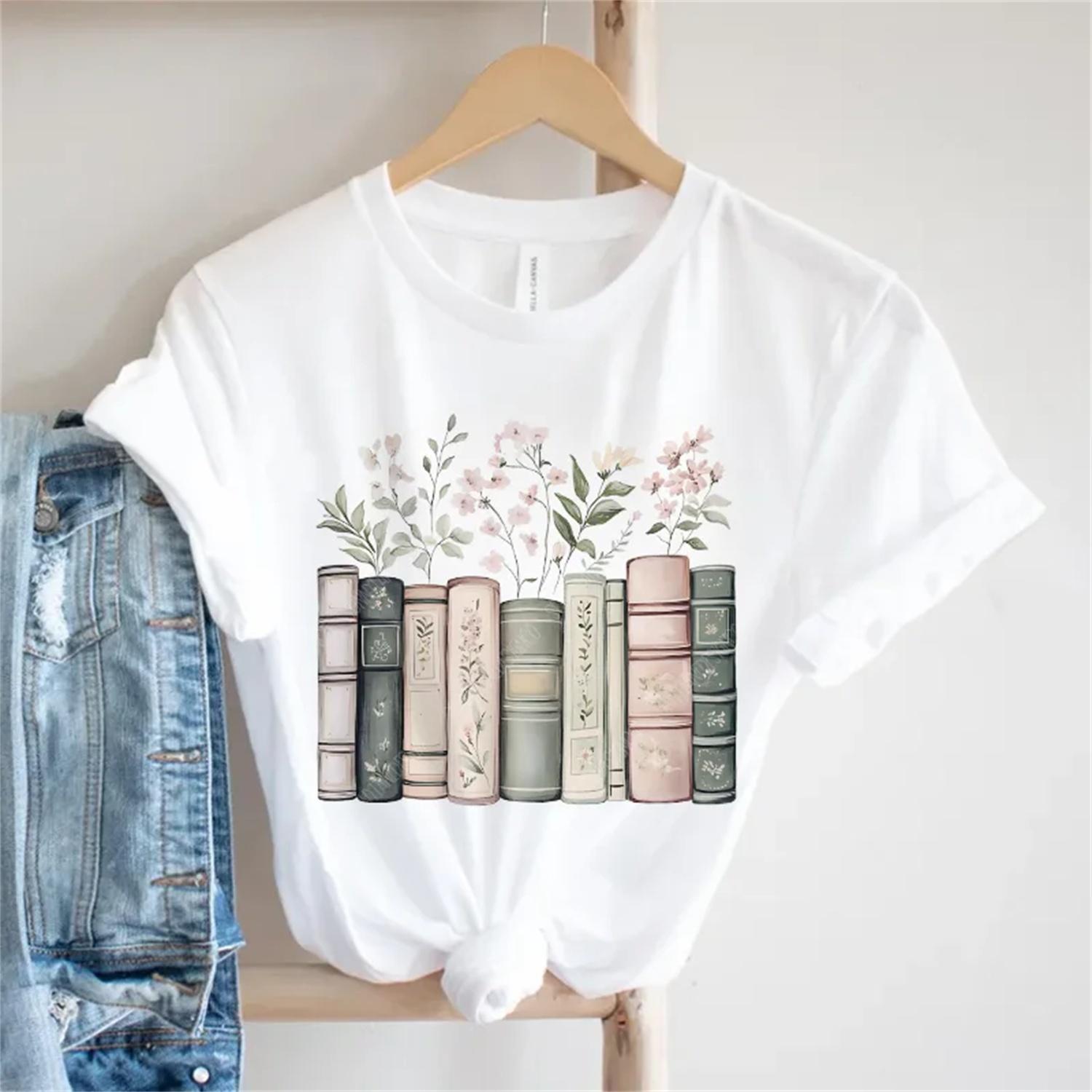 

Fashionable 90s Retro Women s Book Flower Pattern Printed Top Casual Short Sleeved Street Versatile Harajuku Round Neck T-Shirt XXXXXL білий
