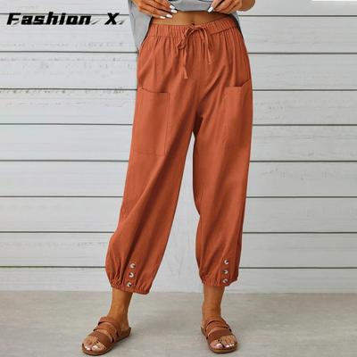 Calças de praia finas femininas de algodão linho vintage, calças femininas casuais de cintura alta e costas soltas