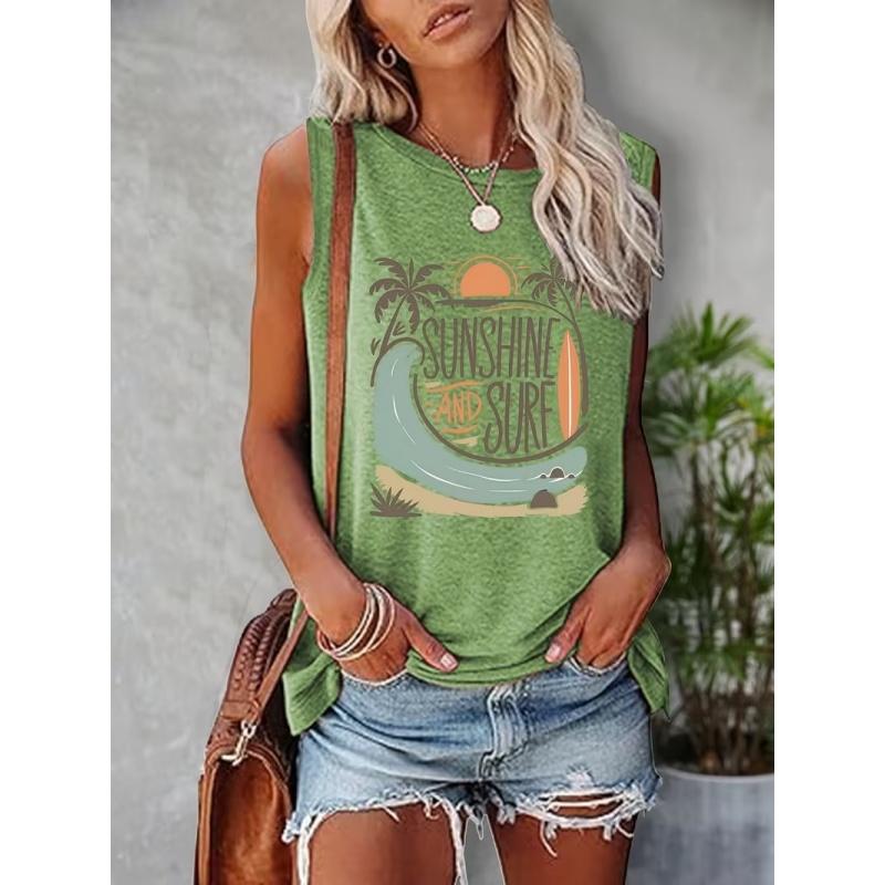 Women's printed tank top T-shirt with patterned short sleeves, women's sleeveless round-neck T-shirt