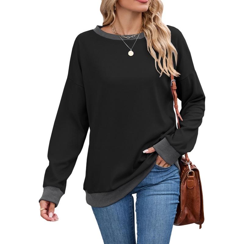 Women's Hot Round Neck Loose Top Long Sleeve Color-blocking Ribbed Sweatshirt for Women