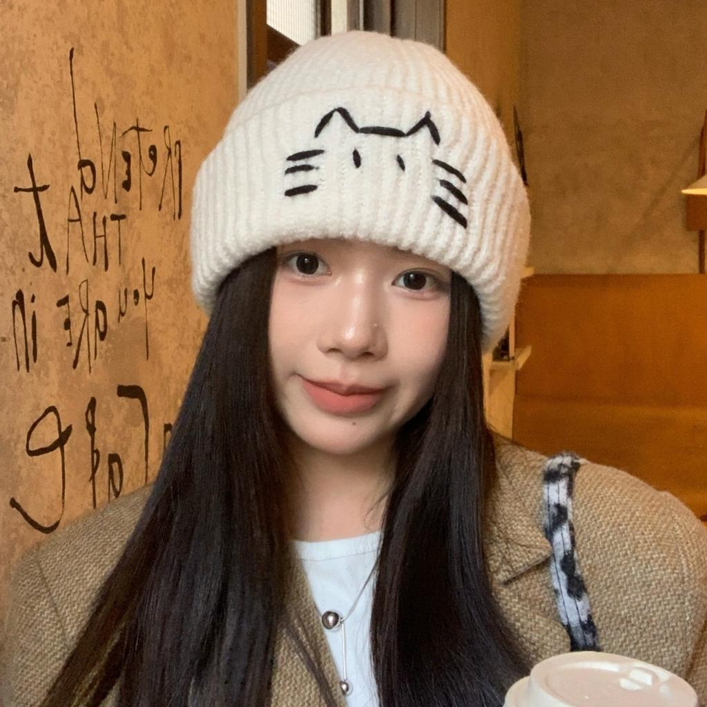 Line Kitten Cute Woolen Hat for Women in Autumn and Winter Warm and Windproof  Versatile Simple Ear Protection Hat Knitted Hat  Cold Hat