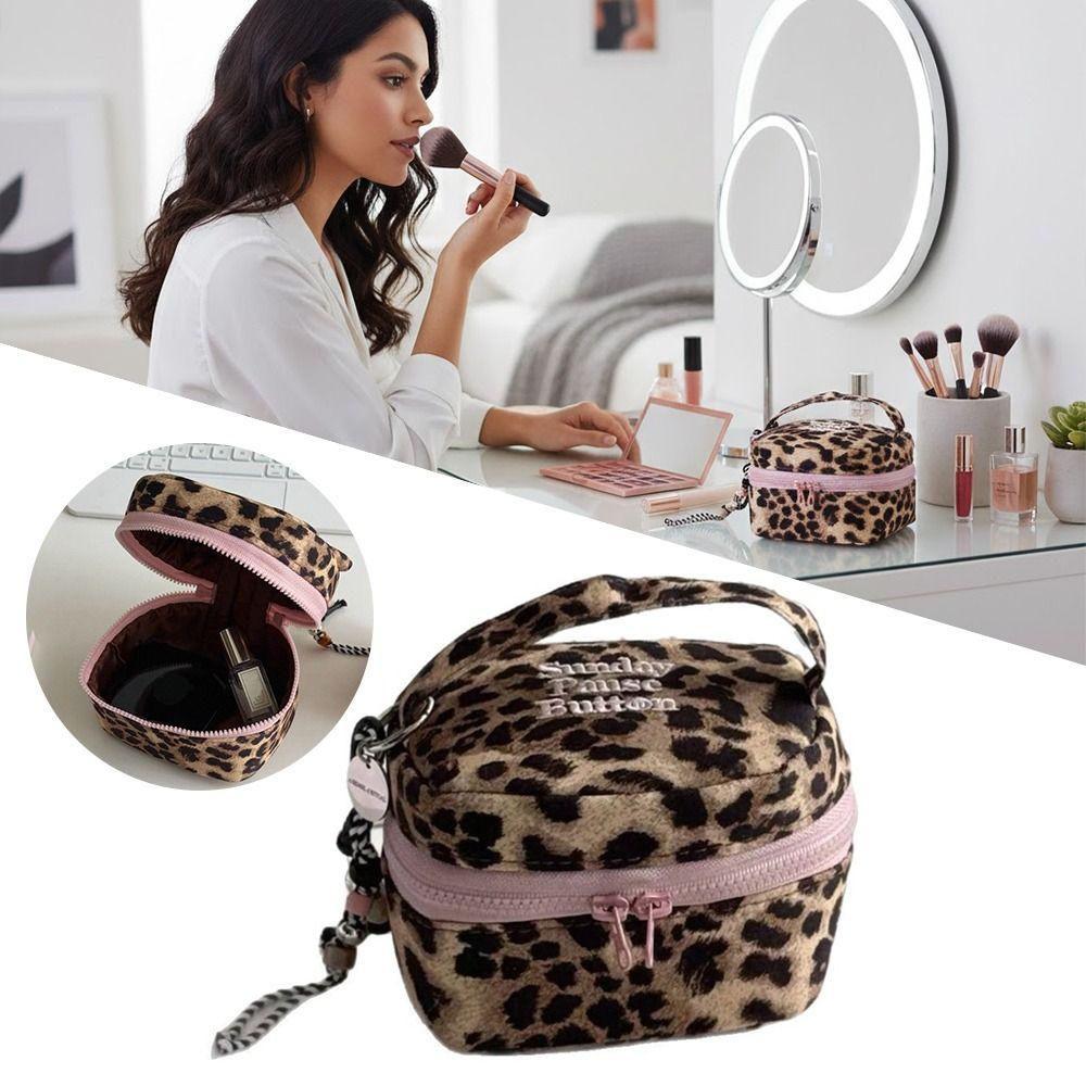 Waterproof Leopard Print Square Storage Box Handheld Zipper Design Small Cosmetic Pouch Makeup Bag Home Travel
