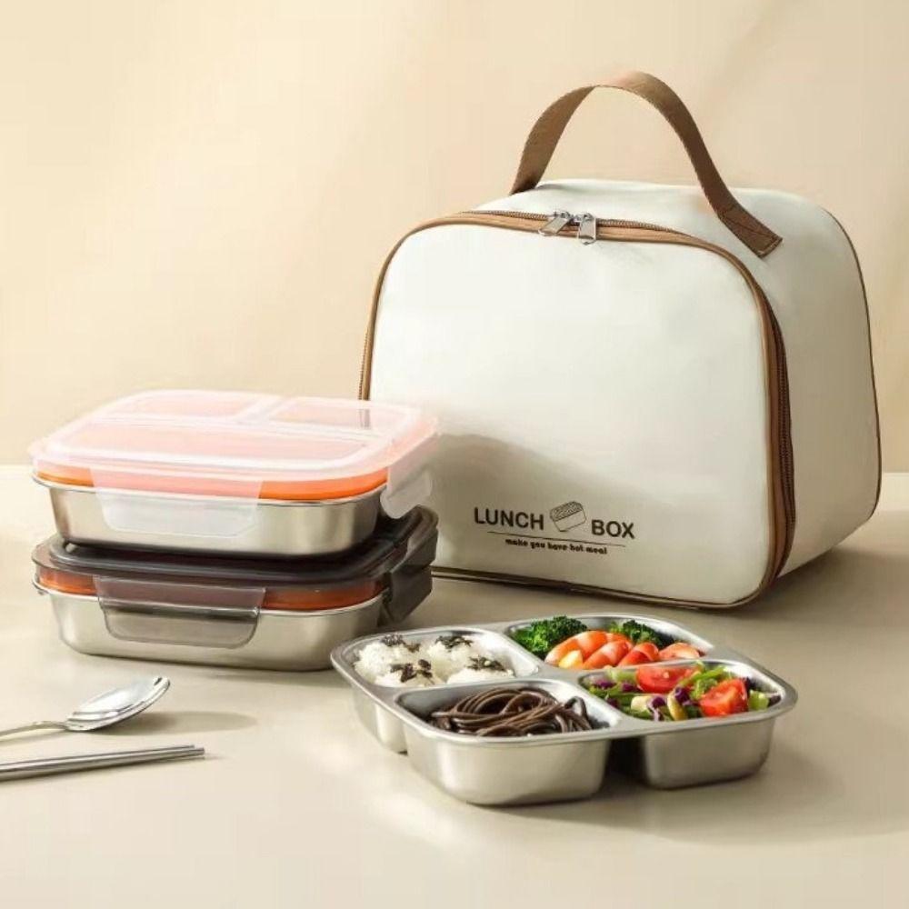Reusable Food Container 3/ 4 Grids Student Meal Plate Tableware Stainless Steel Lunch Box Sports