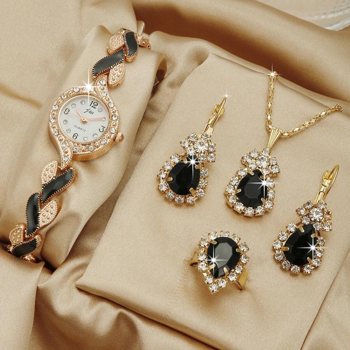 

Women Watch Hand Jewelry Set Diamond Bracelet Watch + Water Drop Jewelry Set 5pcs/Set чёрный
