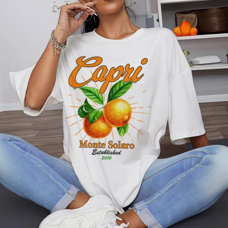 Retro Capri Orange T-Shirts für Damen Niedliche Obstgrafik-T-Shirts Kurzarm Locker Italien Urlaubs-T-Shirt Vintage Ästhetische Oberteile