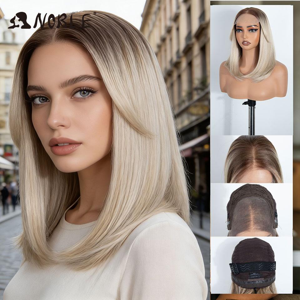 NOBLE 18 Inch 6X4 Synthetic Lace Front Wig Ombre Blonde Brown Roots Straight Natural Hairline Heat Resistant For White Women