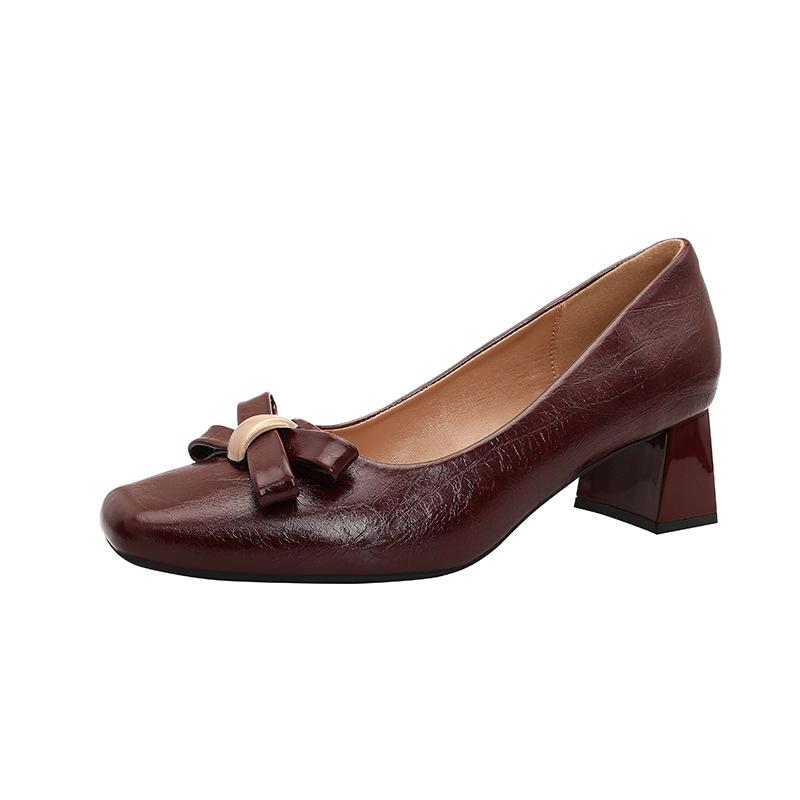 Square head high heels thick heel shallow mouth single shoes 2025 spring new large size women's shoes bow French medium heel shoes