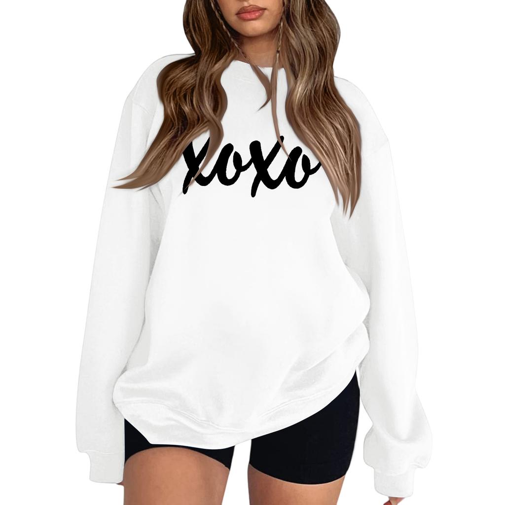 Women's Fashion Round Neck Long Sleeve Solid Color Letter Top Sweatshirt