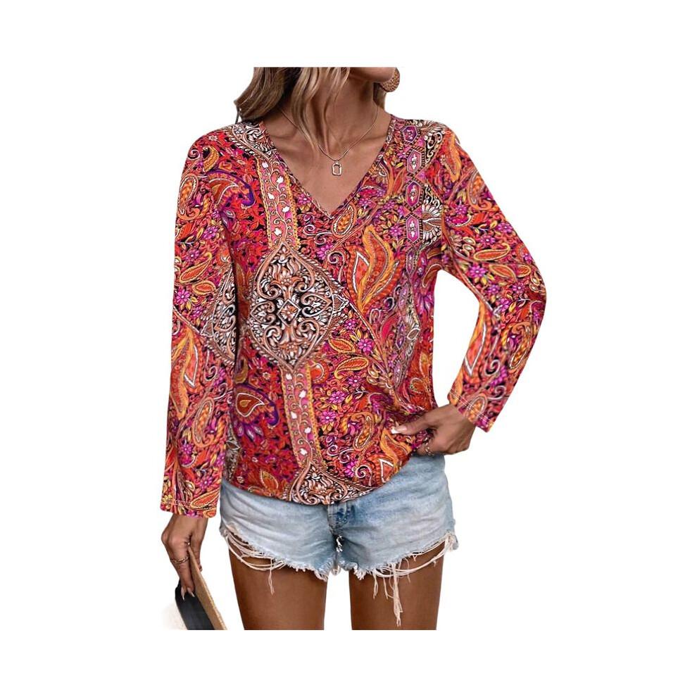 Women'S Bohemian Print V-Neck Long Sleeve Casual Blouses Shirts 4-Mixed Colors S